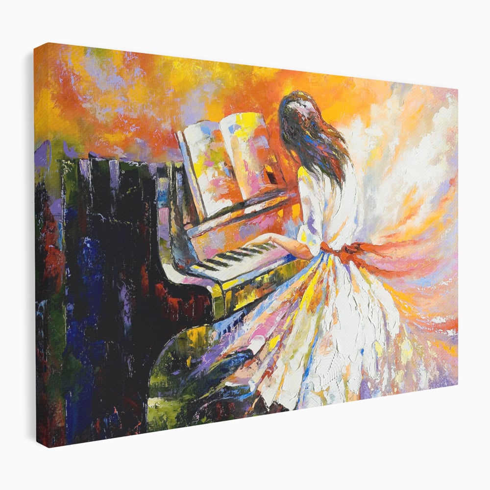 Tablou canvas cu pictura cu femeie cantand la pian, fara rama, pe sasiu de lemn